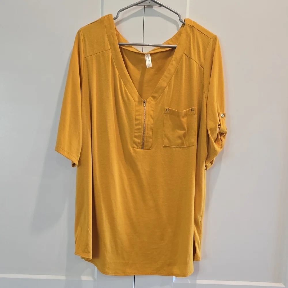 NWOT Perseption Mustard V-Neck Blouse with Pocket - Picture 1 of 7